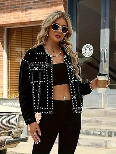 Huang's Women's Embellished Denim Jacket with Shiny Studs Non-Stretch Heavyweight Cotton, Classic Fit, Distressed Detailing Coat (US, Alpha, XX-Large, Regular, Regular, T229) - Thumbnail 3