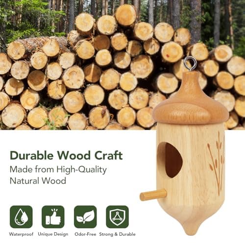 Hummingbird House, Small Wooden Hummingbird House for Outdoors, Cute Bird House with Bow & Hanging String, Garden Decor & Gift - Thumbnail 5