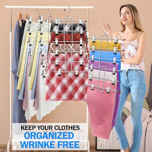 3 Pack Closet Organizers and Storage,6 Tiers Skirt Pants Hangers with Clips Space Saving for Home Organization and Storage,College Dorm Room Essentials for Girls Guys,Wardrobe Clothes Organizer - Thumbnail 4