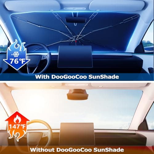 2026 Upgraded DooGooCoo Windshield Sun Shade Umbrella for Car, Reinforced Frame, UV Block Heat Shield, Keeps Interior Cooler, Foldable Front Windshield Cover, Small (52"x31") - Thumbnail 5