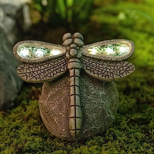 Rezpuao Garden Statue Dragonfly,Solar Dragonfly Decor for Outdoor,Resin Dragonflies Figurine with Solar Light for Patio,Balcony,Yard,Lawn Ornament,Perfect Garden Gift - Image 1