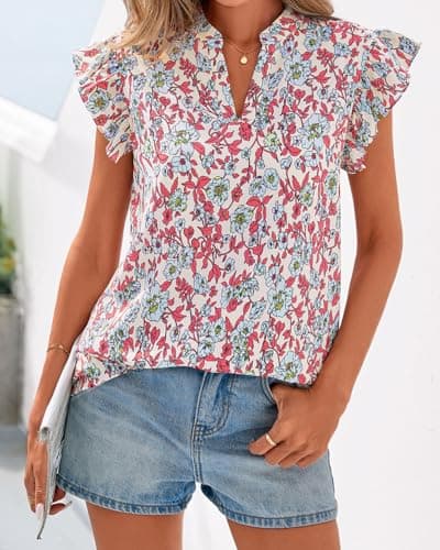 Zenlonr Womens Dressy Casual Tops 2026 Summer Ruffle Cap Sleeve V Neck Shirts Boho Floral Blouses Vacation Outfits(Floral Beige Multi,X-Large) - Thumbnail 2