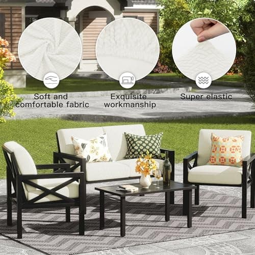 DREAHOTEXTIL 8Pcs Outdoor Cushion Covers,Patio Cushion Covers,Stretch Elastic Slipcovers,Replacement Washable Furniture Protector for Patio Couch,Jacquard Textured Twill Fabric(White,Cover Only) - Thumbnail 4