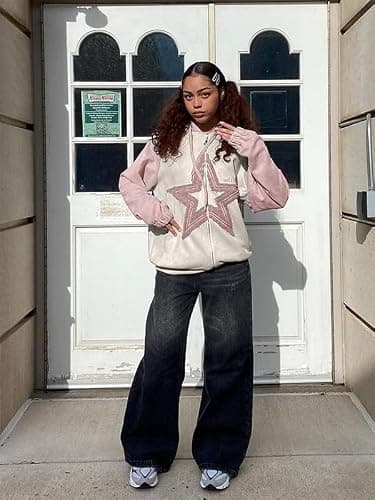 Aelfric Eden Suede Star Patchwork Full Zip Up Hoodie Oversized Graphic Hoodies Y2K Hooded Casual Sweatshirts Jackets Pink - Thumbnail 4