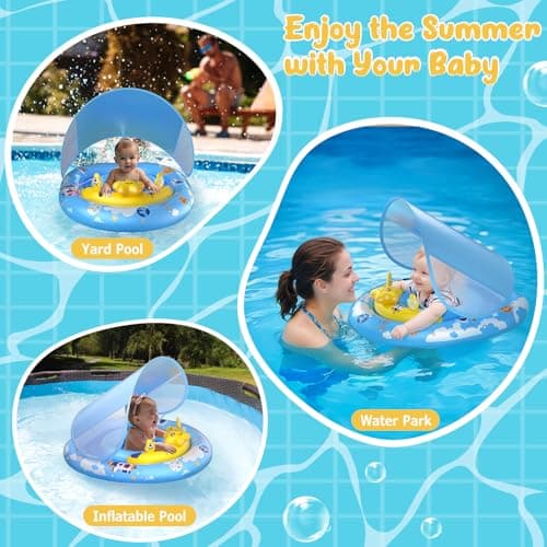 WayEee Baby Pool Float with UPF50+ Canopy - Inflatable Swim Float, Adjustable Safety Seat, Toy Play Console, Sun Protection for Baby 6-36 Months, Infant, Todder Summer Gift, Pool, Bathtub, Beach, Blue - Thumbnail 5