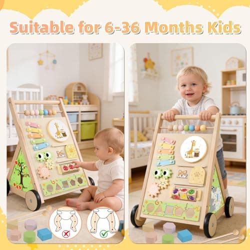 Wooden Baby Walker with Wheels Baby Push Walker for Boys Girls 6-12 Months Wooden Walker Activity Center Walking Toys for 1 Year Old Learning to Walk Sit to Stand Walker for Baby 12-18 Months Push Toy - Thumbnail 5