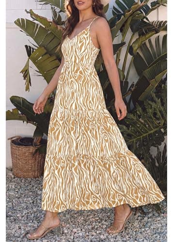 KIRUNDO Maxi Dresses for Women Summer Boho Floral Beach Vacation Sundress Spring Wedding Guest Dress Flowy Cruise Resort Wear(Khaki, Medium) - Thumbnail 6