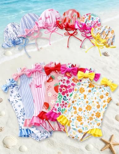 GEMLON Toddler Girl Swimsuit 4T One Piece Swimsuit Girls with Hats Floral Printed Ruffled Bow Beach Swimwear - Thumbnail 6