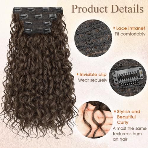 PHADRIA Curly Clip in Hair Extensions,4PCS 20 Inch 100％ Pure Protein Silk Hair Extensions long Soft Natural Hairpiece Lace Weft Curly Wave Clip Ins Extensions Invisible for Women(Medium Brown) - Thumbnail 3