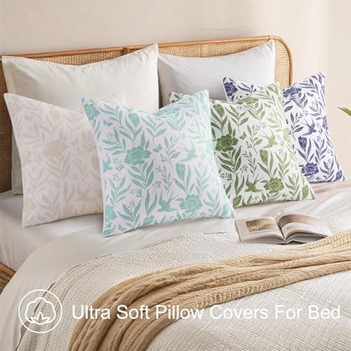 decorUhome Floral Throw Pillow Covers 18x18 Inch Set of 2, Aqua Vintage Block Print Linen Spring Pillow Covers, Rustic Neutral Toile Farmhouse Decorative Square Pillowcases for Couch Sofa - Thumbnail 3