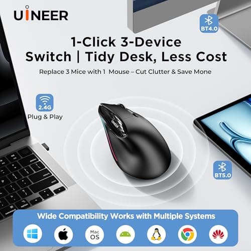 Uineer Wireless Ergonomic Mouse, Wireless Bluetooth Rechargeable Vertical Mouse, 7 Color LED, 4 DPI Adjustable, USB-A Receiver, Wrist Strain Relief,Optical Mice for Computer/PC/Laptop, Black (Black) - Thumbnail 6