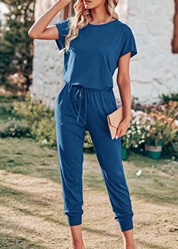 KIRUNDO Jumpsuits for Women Summer 2026 Casual Short Sleeve One Piece Outfits Drawstring Waist Long Pants Romper Jumpers(Dark Blue, X-Large) - Thumbnail 4