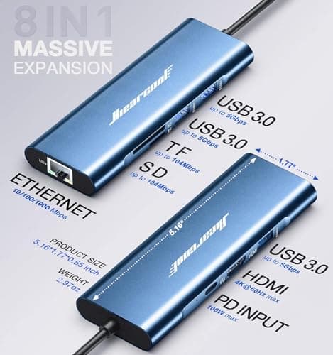 Hiearcool USB C Hub, 8in1 USB-C to 4K 60Hz HDMI Docking Station, USBC Ethernet Multi-Port Adapter 100W PD Dock Compatible for MacBook Pro Air M1 Dell HP Lenovo and Other C Devices-Midnight Blue - Thumbnail 5