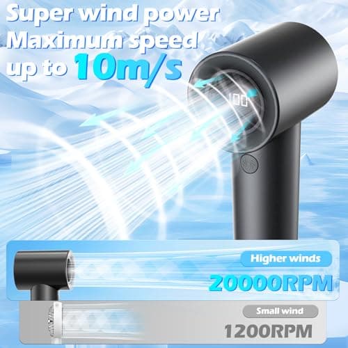 Portable Handheld Turbo Fan-20000 RPM High Speeds Rechargeable Personal Cooling Fan with 5 Speed Levels, Digital Display, 10m/s Max Airflow, Mini Fan for Travel,Outdoor, Gift for Women Men, Black - Thumbnail 3