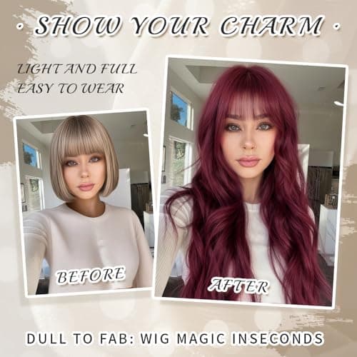 Potoki Long Wavy Burgundy Wig With Bangs Heat Resistant Synthetic Wigs For Women 26 Inch Free Soft Body Wave Red Wig With Natural Appearance Suitable For Beginners Festival Holiday Use - Thumbnail 3