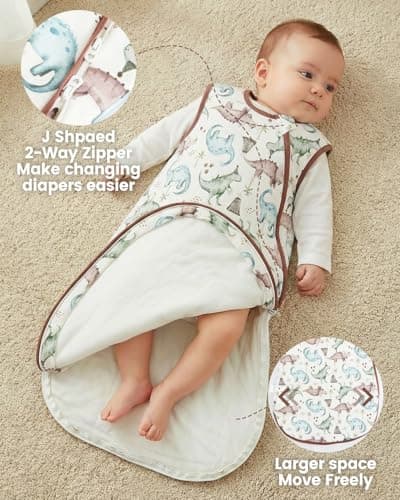 WYTbaby 2 Pack Baby Sleep Sack 1.5 TOG, 100% Cotton Wearable Blanket, 2-Way Zipper Baby Sleeping Bag,Blue Dinosaur Print，6-12Months - Thumbnail 2