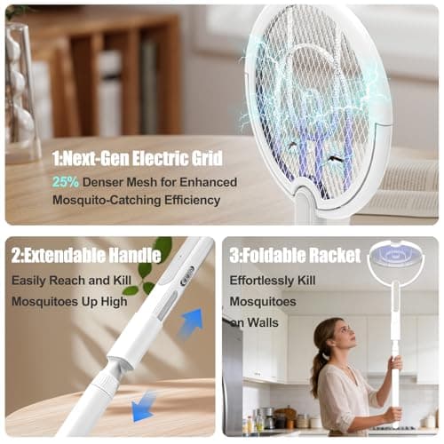 Rotating Head Electric Fly Swatter Racket, Bug Zapper Indoor with Long Telescopic Extension 4000V USB Rechargeable Mosquito Zapper Killer with Charging Base, 3 Modes Automatic & Manual - Thumbnail 3