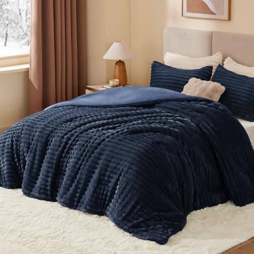 BEDELITE Fleece Queen Comforter Set -Super Soft & Warm Fluffy Navy Blue Bedding, Luxury Fuzzy Heavy Bed Set for Winter with 2 Pillow Cases - Thumbnail 2
