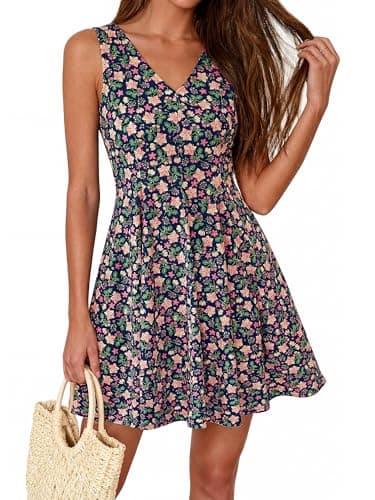 BTFBM Womens Summer Dresses 2026 Spring Casual Sleeveless Floral Knit Flowy A-Line Mini Dress Pockets Beach Sundress(Floral Navy Blue Multi, Medium) - Image 1