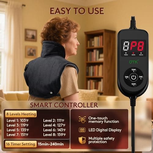 Far Infrared Heating Pad for Neck and Shoulders and Back - 6X Deeper Pain Relief, Graphene 30s Fast Heat, 8 Heat Setting, 16 Timer, Automatic Memory, Weighted Heating Pads Gift for Women&Men (Black) - Thumbnail 4