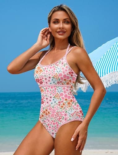 ZAFUL Bathing Suit for Womens One Piece Swimsuits Tummy Control High Cut Bathing Suit Full Coverage Push Up Romper Swimsuit Cheeky Sexy Floral Print Double Adjustable Straps Swimwear Pink Floral,XL - Thumbnail 3