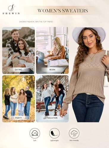 SHEWIN Womens Fall Fashion 2025 Long Sleeve Sweater Crewneck Knit Tops Lightweight Pullover Jumpers Crochet Sweaters for Women, Light Beige, L - Thumbnail 4