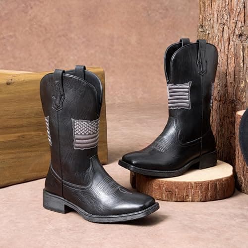 Jousen Cowboy Boots for Men with Flag Embroidery Square Toe Boots for Men Classic (AMY8423 black 11) - Thumbnail 3