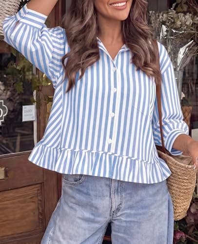 PRETTYGARDEN Women's Business Casual Tops V Neck Button Up Shirts Women Lapel Collared 3/4 Sleeve Striped Ruffle Crop Y2k Top (White Blue Striped, XX-Large) - Thumbnail 3