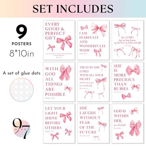 97 Decor Pink Coquette Room Decor For Teen Girls - Light Pink Wall Art For Bedroom, Trendy Bow Pictures For Bathroom Dorm Decorations, Cute Preppy Posters For Room Aesthetic (8x10 Unframed) - Thumbnail 2