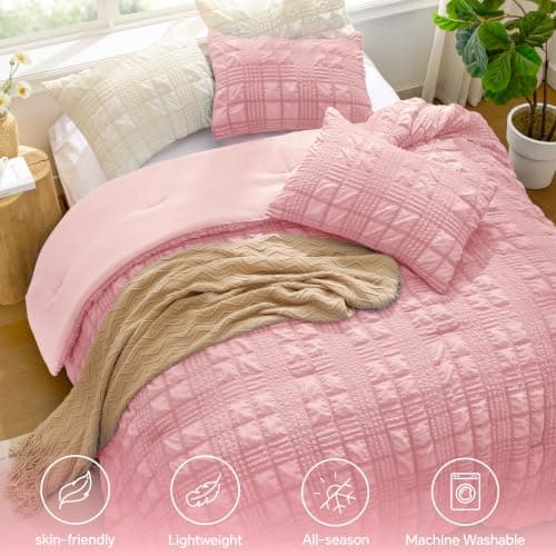 BEDELITE Pink Twin/Twin XL Comforter Set, All Season Luxury Seersucker Bedding Set with Pillowcases, Soft Lightweight Comforter 2 Pieces for Bedroom & Dorm Room - Thumbnail 4