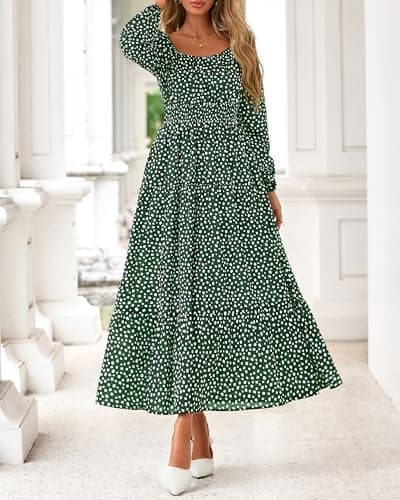 BTFBM Long Sleeve Dress for Women 2026 Spring Fall Boho Floral Square Neck Casual Flowy Long Wedding Guest Maxi Dresses(Polka Dot Green, Large) - Thumbnail 4