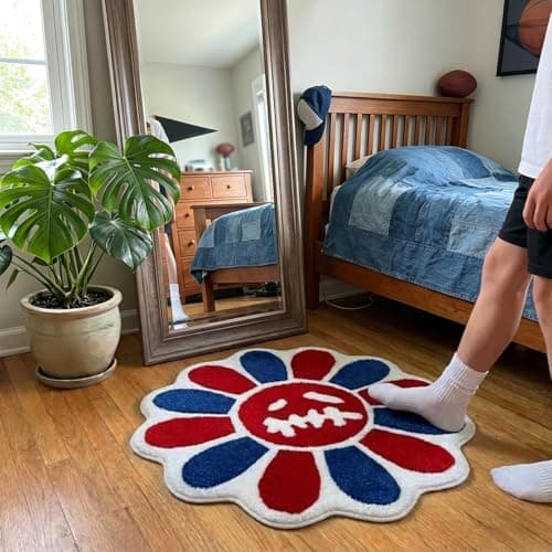 Shovagy Trippy Happy Face Rug 4th of July Bathroom Rugs Patriotic Independence Day Decor Carpet Tufted Quick Dry Non Slip Bath Mats Water Absorbent 3.3FT Red Blue White Bathroom Rugs - Thumbnail 5