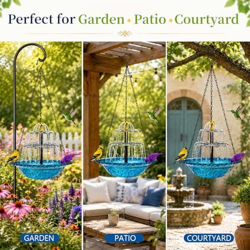 Hanging Bird Bath with Textured Bowl and Metal Chains, Solar Fountains with Cascade Flow for Outdoor Garden, Patio, and Yard Decor (Pink(L)) - Thumbnail 3