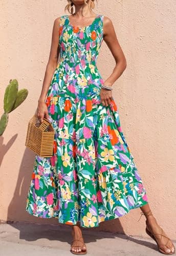 PRETTYGARDEN Sleeveless Smocked Dress Women Square Neck High Waist Floral Summer Wedding Guest Dresses for Women 2026 (Green Orange Flower, Small) - Thumbnail 4