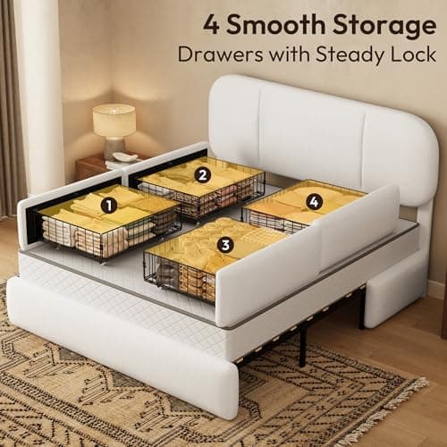 Uteeran Full Size Bed Frame with Storage, Boucle Cloud Bed with 4 Locking Drawers & LED Lights, Modern Upholstered Platform Bed, Plush Sides & Footboard, Adjustable Headboard, No Box Spring, White - Thumbnail 4