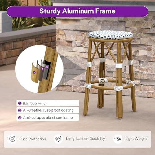PURPLE LEAF Patio Round Counter Height Stool Set of 2 Outdoor Backless Barstools Aluminum Frame in Bamboo Finish with White & Blue Woven Rattan for Indoor Kitchen Dining Bistros Cafe Restaurant - Thumbnail 4