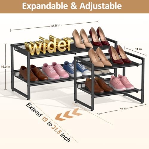 Expandable Shoe Rack, 2 Tier Adjustable Shoe Organizer with Flat & Slant Dual Use Design, Space Saving Shoes Stand for Closet & Entryway, Sturdy Dense Metal Grid Shoe Holder for High Heels, Sneakers - Thumbnail 3