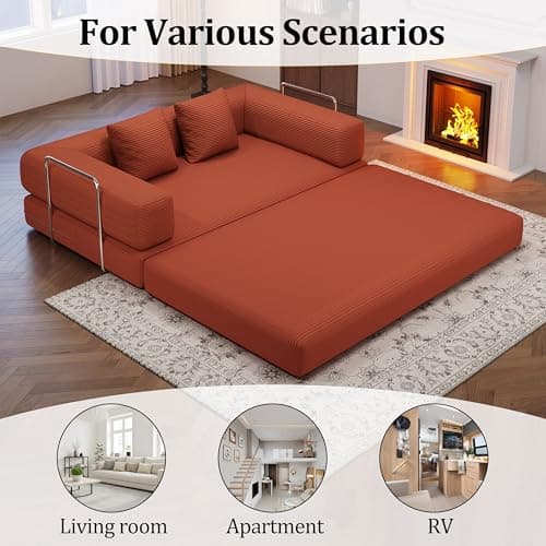 59.0 Inch Convertible Sofa Bed, 4-in-1Futon Sofas Bed Pull Out Sleeper Couch, Modern Deep Seat Sofa for Living Room, Corduroy Boneless Couches for Bedroom, Apartment, No Assembly, Orange, 59" 2 Seat - Thumbnail 5