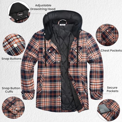 COOFANDY Flannel Jacket Men Plaid Shirt Jackets Hooded Lined Shacket Quilted Cotton Button Down Fall Coat XL - Thumbnail 5
