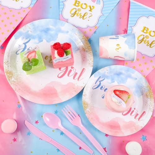 Xiangqu 175 Pcs Gender Reveal Plates and Napkins, Boy or Girl Gender Reveal Party Decorations Includes Gender Reveal Paper Plates Napkins Cups Plastic Cutlery for Baby Reveal Party,Serves 25 - Thumbnail 5
