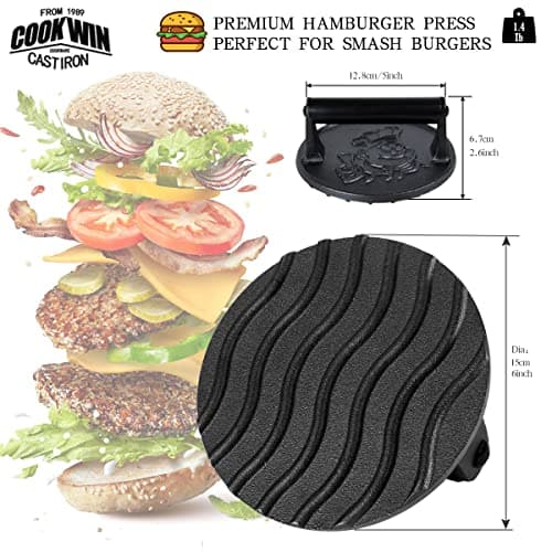 COOKWIN 6" Cast Iron Smashed Burger Press Kit, Heavy-Duty Hamburger Smasher with Non-Slip Handles and 50 pcs Patty Paper, Bacon Meat Weight Press for Steak, Smashburger, Grill and BBQs - Thumbnail 2