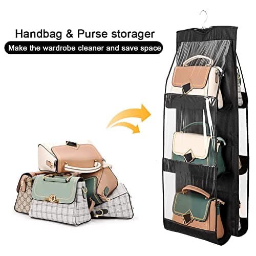 AYWVRBST Handbag Purse Organizer, 2Pcs 6 Pockets, Dust Proof Purse Organizer Closet, Wardrobe Closet Organizer, Washable Handbag Organizer for Handbags Purse (Black+Gray) - Thumbnail 2