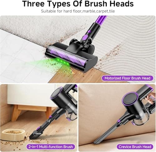 Honki Cordless Vacuum Cleaner, 500W/40Kpa Vacuum Cleaners for Home, Stick Vacuum Cordless with LED Display, Anti-Tangle & Wall Mount, 8 in 1 Lightweight Vacuum for Hard Floors Pet Hair(Purple) - Thumbnail 6