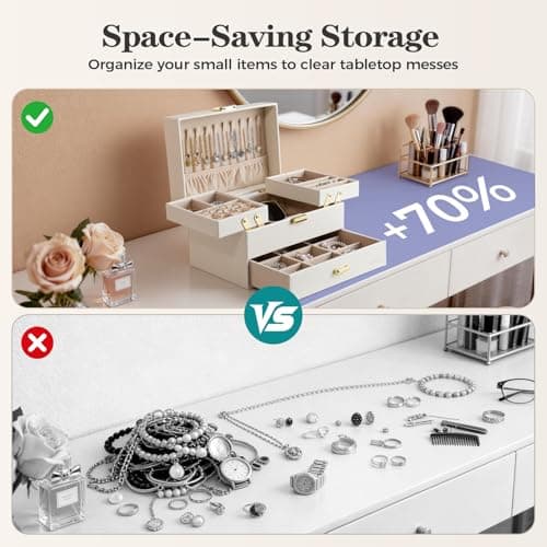 Dajasan Jewelry Organizer Box, Large Jewelry Boxes for Women Girls, Compact 3 Layers Jewelry Storage Case with Drawer, Movable Metal Stand, Modern, Gift Idea (Cloud White + Gold) - Thumbnail 6