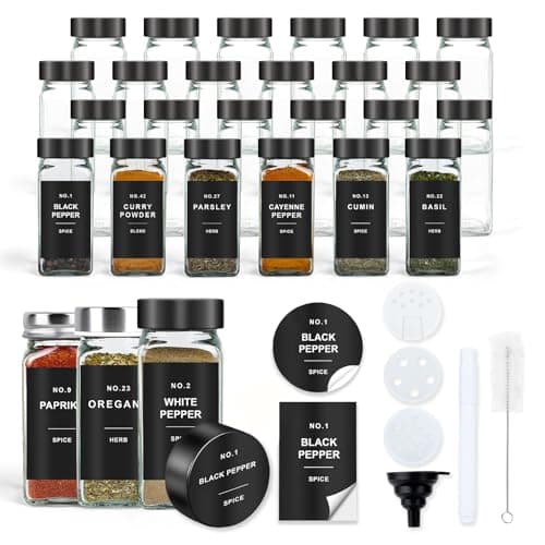 OMOZUN Spice Jars with Label, 24pcs 4oz Glass Spice Jars with Black Lids, Square Spice Containers with 304 Labels and Shaker Inserts, Empty Seasoning Bottles for Drawer, Cabinet, Seasoning Organizer - Image 1