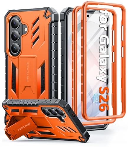 FNTCASE for Samsung Galaxy S26 Case: with [Built-in Screen Protector & Kickstand] [2 Front Frames] [Military-Grade Drop Protection] Heavy Duty Shockproof Rugged Case Full Body Protective Cover Orange - Image 1