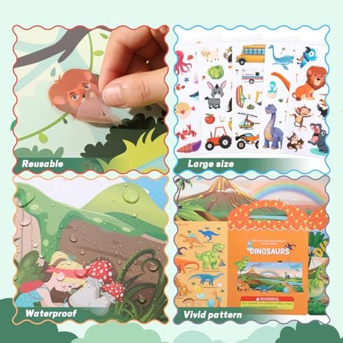 6Pcs Reusable Sticker Books, Sticker Books for Toddlers 2-4 Years, Vehicles Insects Animals Dinosaurs Stickers Scenes for Crafts Parties Travel Boys Girls Gifts - Thumbnail 4