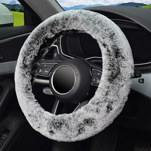 KAFEEK Frost Fluffy Microfiber Plush Steering Wheel Cover for Winter Warm, Universal 15 inch Soft Fuzzy Steering Wheel Cover,Cool Black - Thumbnail 3