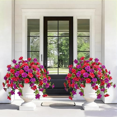 Dolicer Artificial Flowers for Outdoors, 4 Bundles UV Resistant Fake Red & Purple Artificial Outdoor Plants Look Real for Outside Front Faux Door Porch Patio Balcony Decor - Thumbnail 2