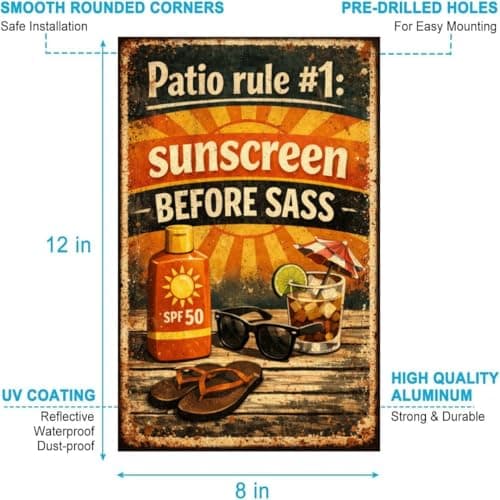 Patio Rule #1 Sunscreen Before Sass Vintage Tin Sign Funny Outdoor Wall Decor Retro Summer Humor Metal Plaque Rustic Backyard Porch Bar Poolside Garden Art 8x12 Inch - Thumbnail 5